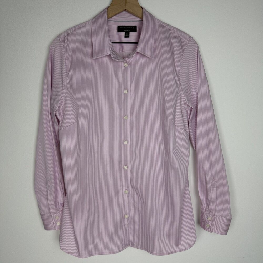 Banana Republic Shirt Womens 14 Pink Striped Tailored Fit Button Up Long Sleeve